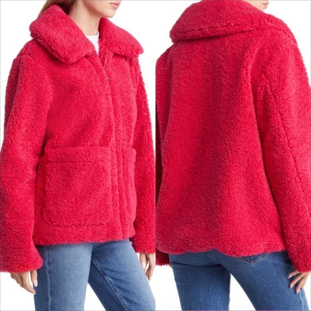 Sam EDELMAN‎ Hot Pink Fleece Teddy Large Collar Zip Front Front Pockets Jacket
